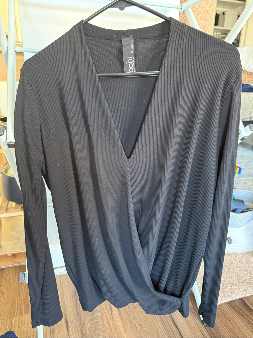 bobi Black Ribbed Faux Wrap V-Neck Long Sleeve Top